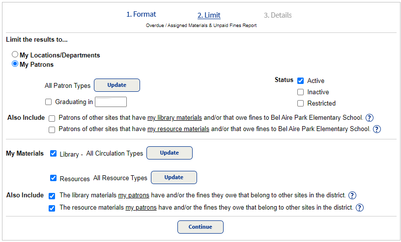 Step 2 of Current Checkouts/Fines report.